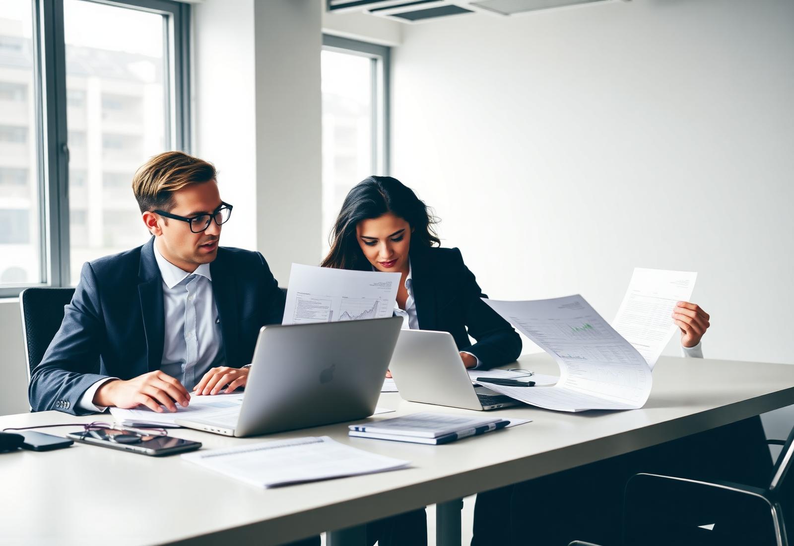 Accountants reviewing financial reports in a modern office